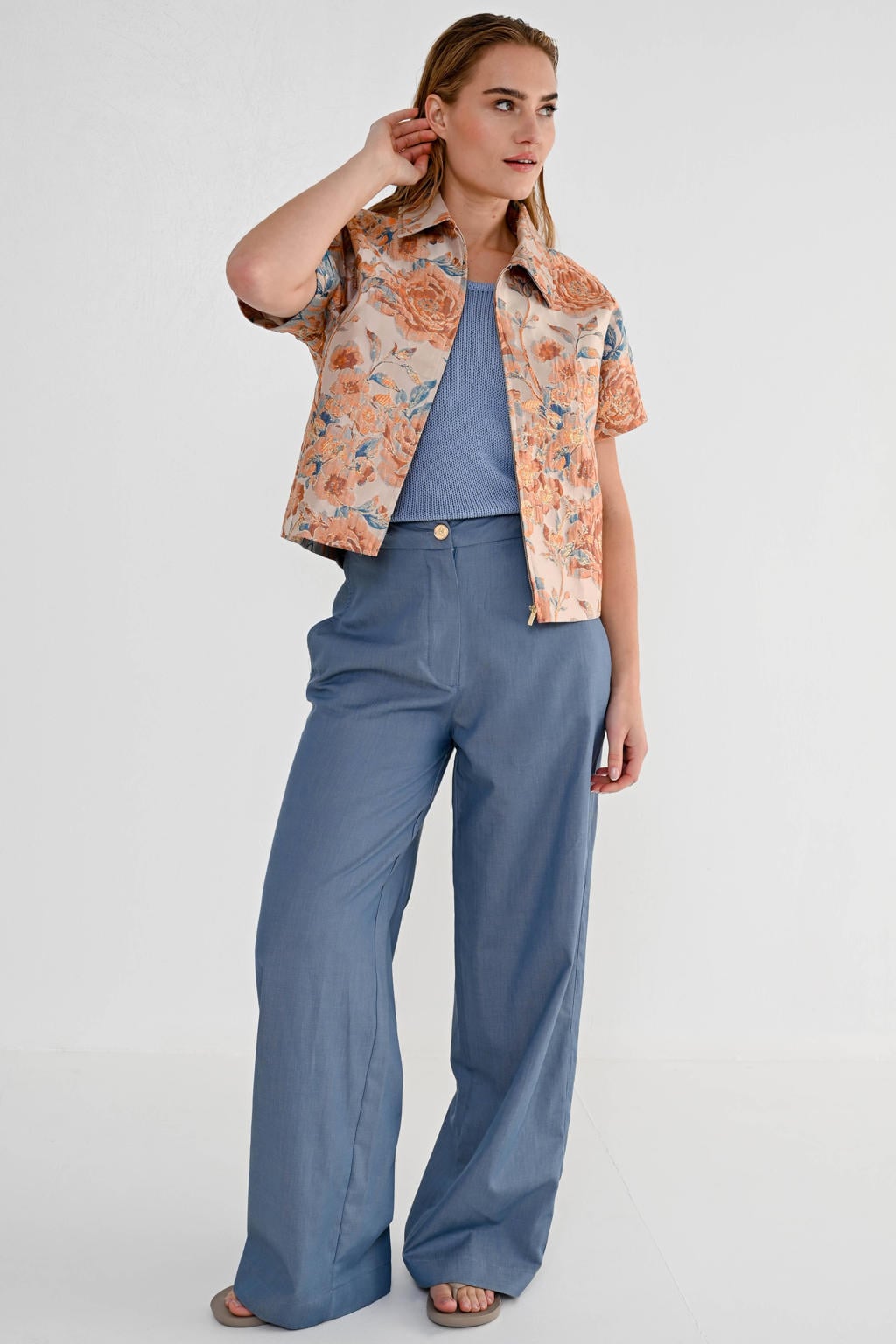 Blauwe dames Maicazz & Zizo katoenen high wide leg broek met rits- en knoopsluiting