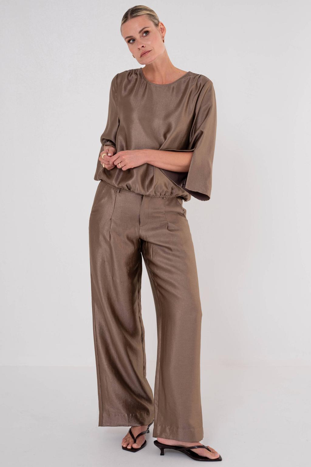 Bruine dames Maicazz & Zizo straight high broek van viscose met rits- en knoopsluiting en effen