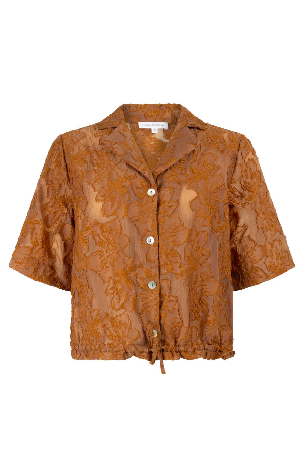 Donker oranje dames Tramontana gebloemde blouse van polyamide met korte mouwen, klassieke kraag, knoopsluiting en tunnelkoord