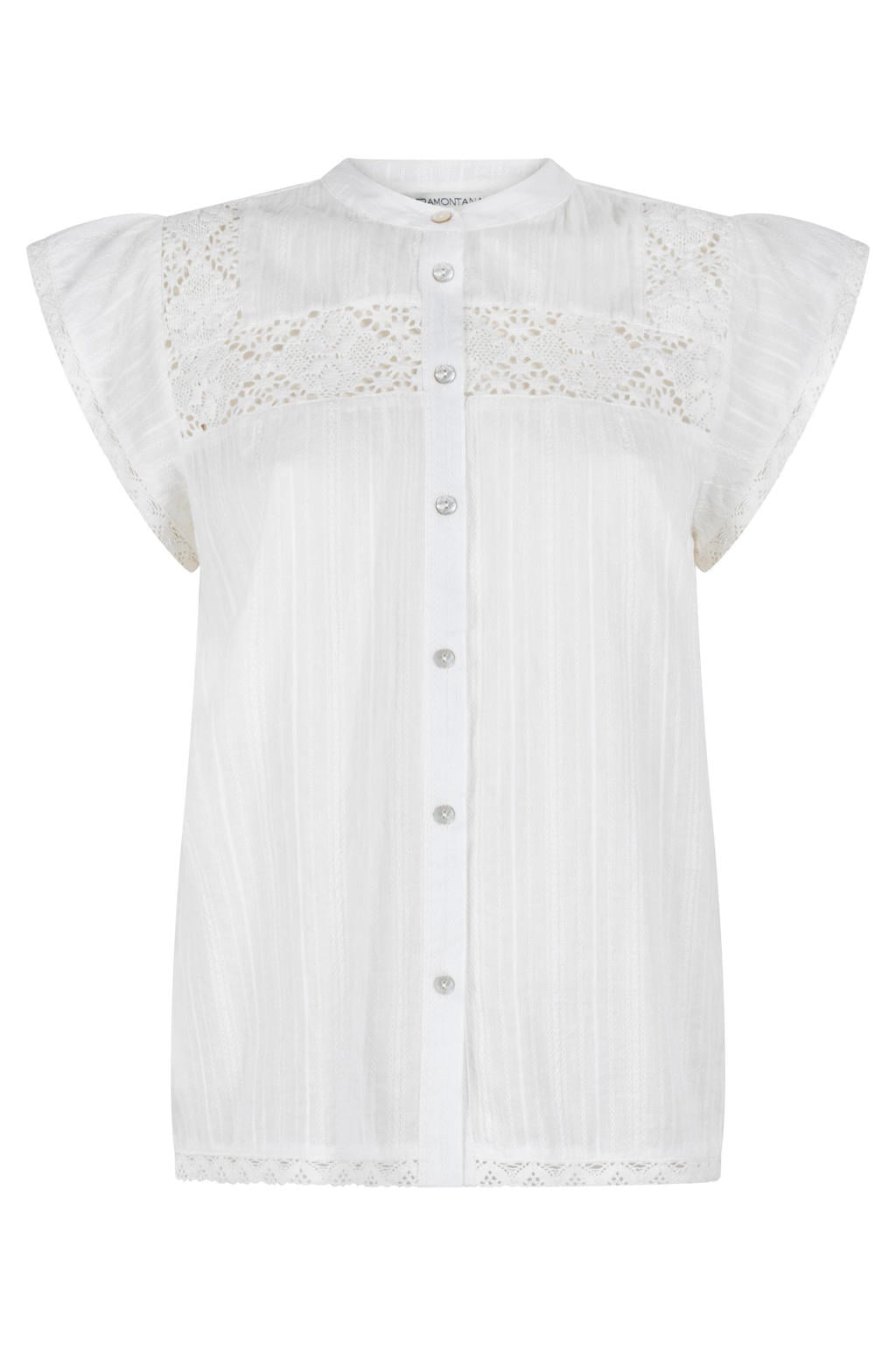 Witte dames Tramontana blouse broderie van katoen met effen, korte mouwen, ronde hals, knoopsluiting en kant