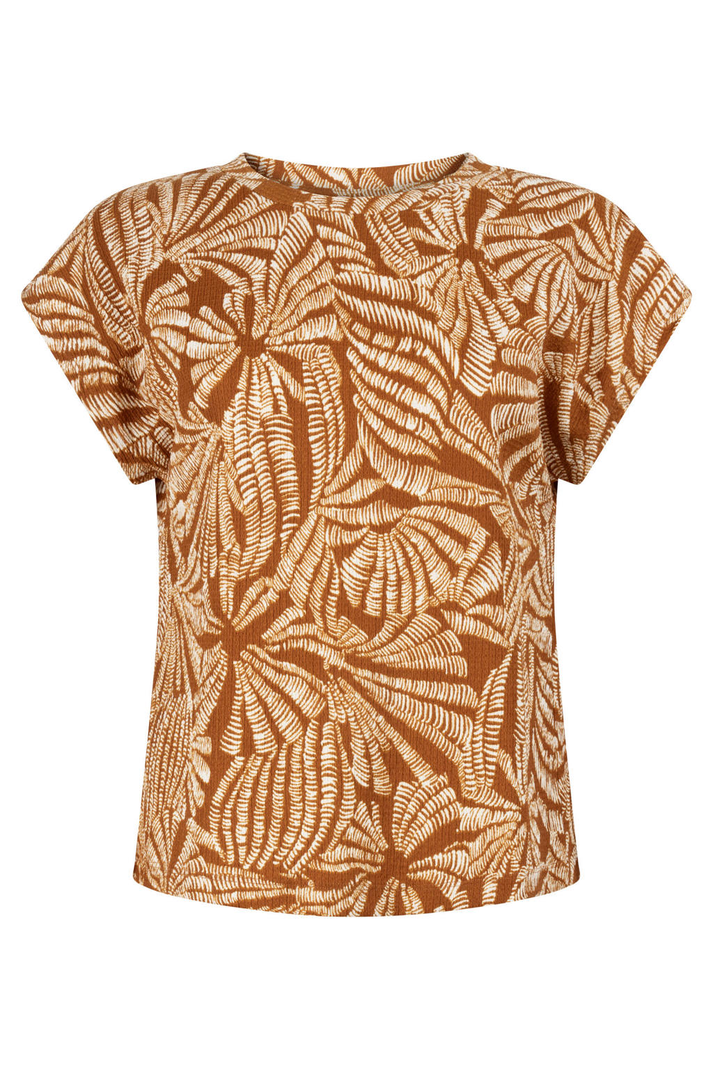 Oranje en ecru dames Tramontana top van polyester met korte mouwen en ronde hals