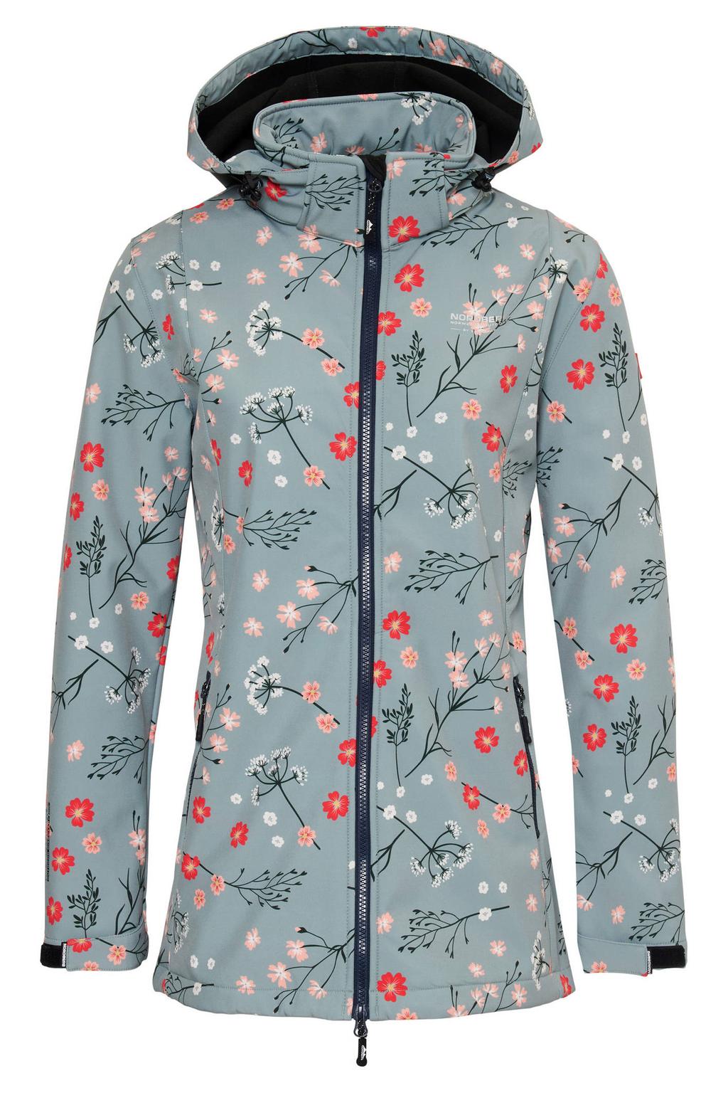 Blauwe dames Nordberg Flower jas van polyester met bloemenprint, lange mouwen, capuchon en ritssluiting
