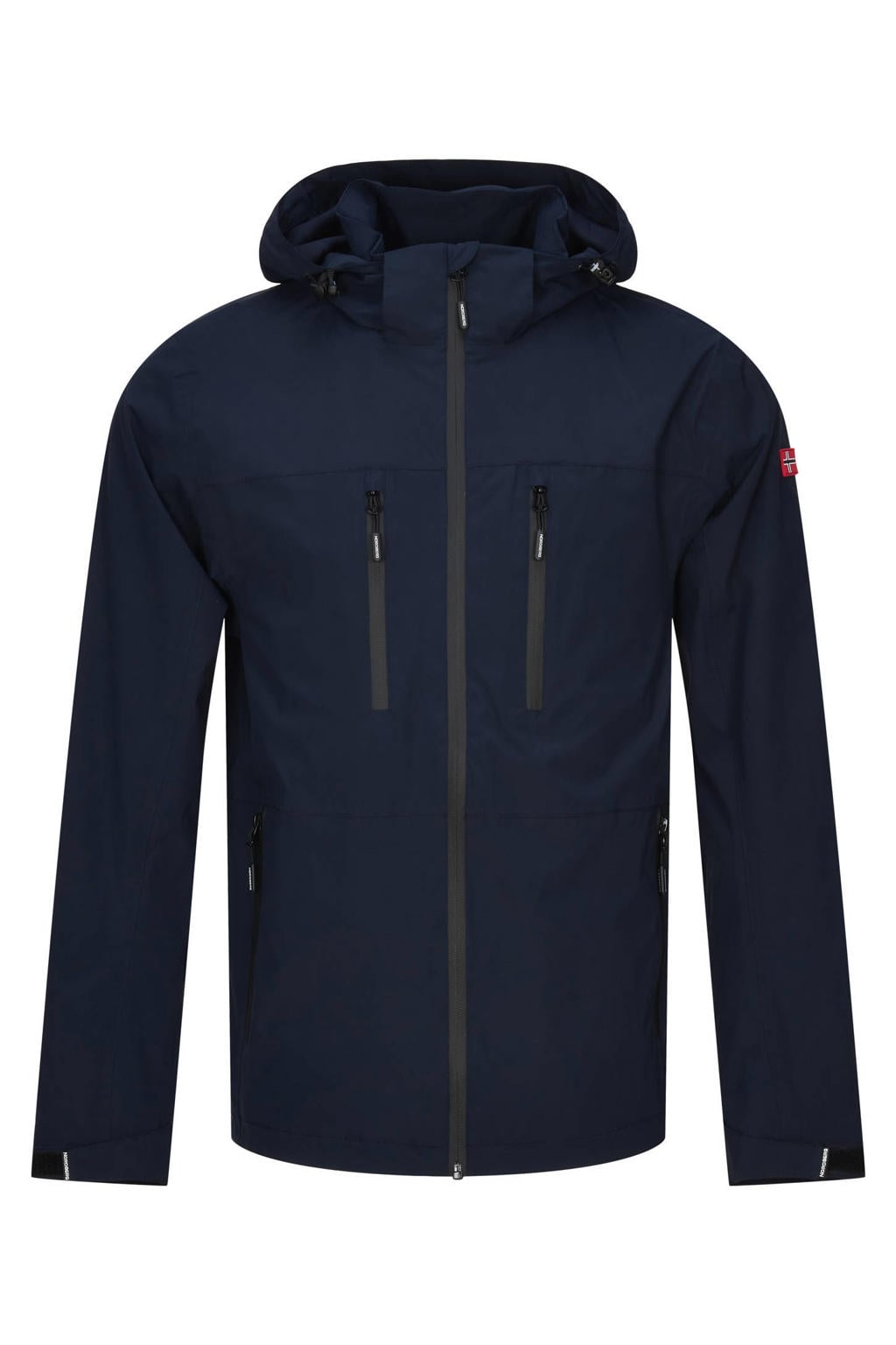 Donkerblauwe heren Nordberg Dan softshell jas met lange mouwen, capuchon en ritssluiting