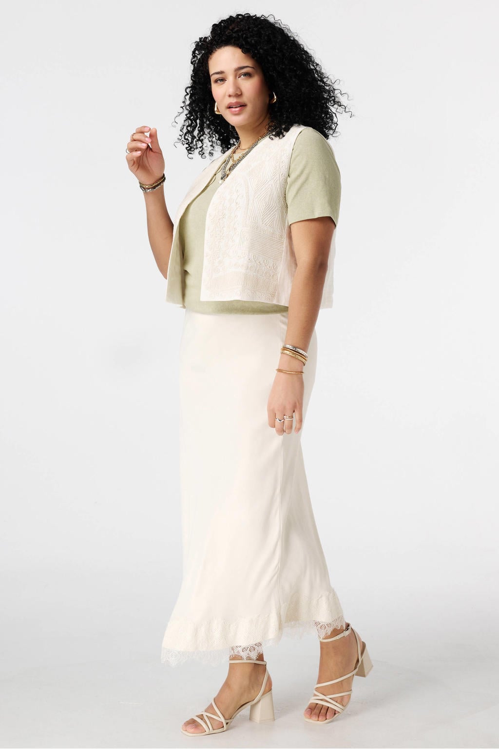 Ecru dames MS Mode gilet broderie van katoen met klassieke kraag