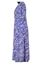 thumbnail: Blauw en ecru dames MS Mode midi jurk van viscose met paisley print, korte mouwen en klassieke kraag