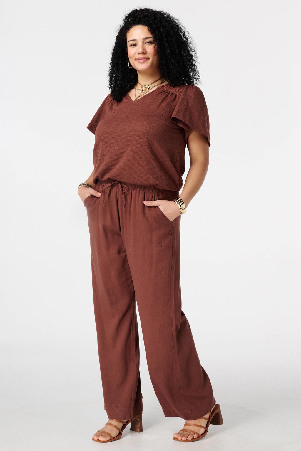 Bruine dames MS Mode top broderie van polyester met effen, korte mouwen en V-hals