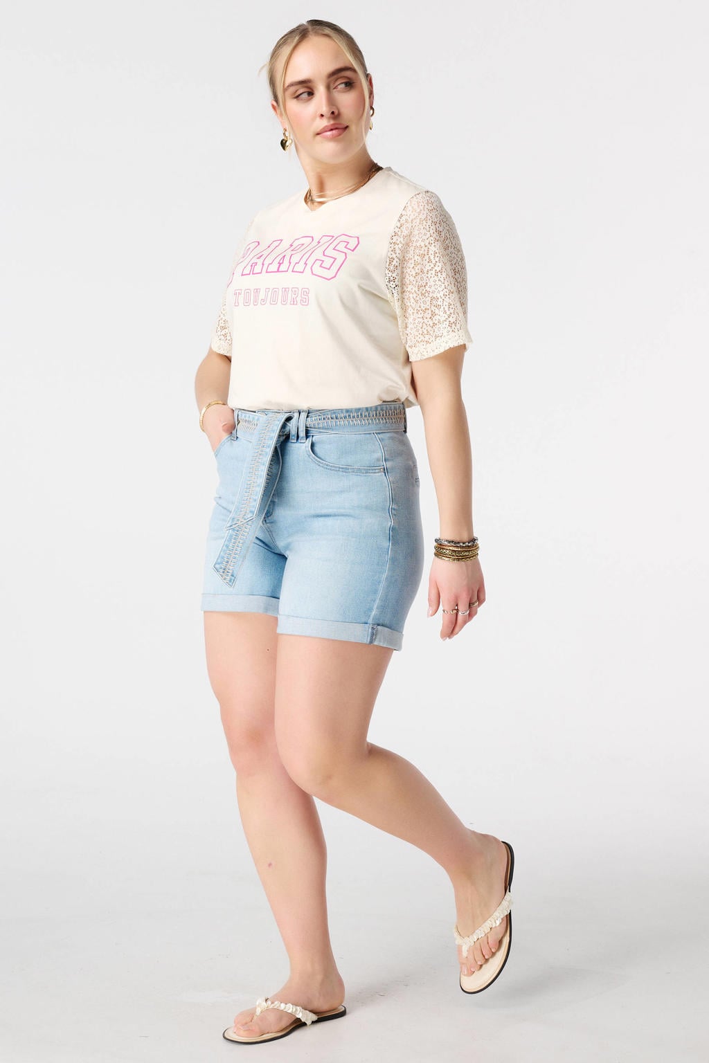 Lichtgeel, geel en roze dames MS Mode T-shirt van katoen met tekst print, korte mouwen, klassieke kraag en kant