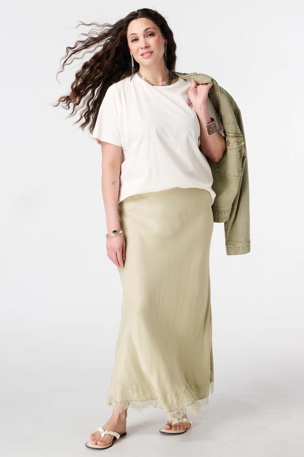 Wit en groene dames MS Mode T-shirt van katoen met backprint, korte mouwen en klassieke kraag