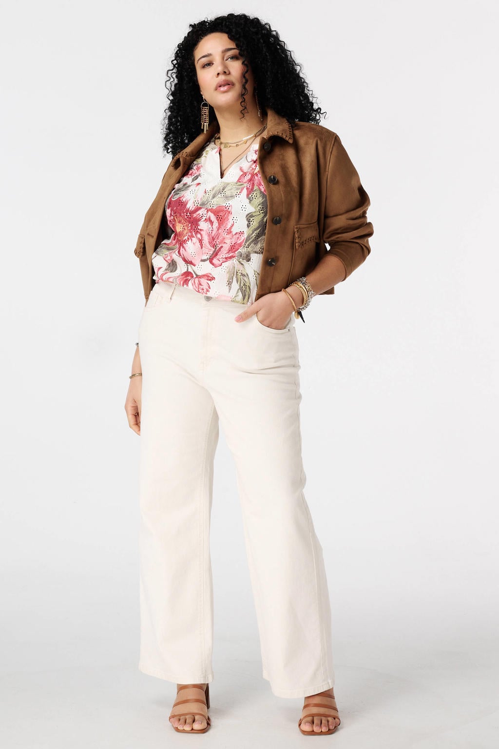 Multikleurige dames MS Mode gebloemde top van polyester met korte mouwen en V-hals