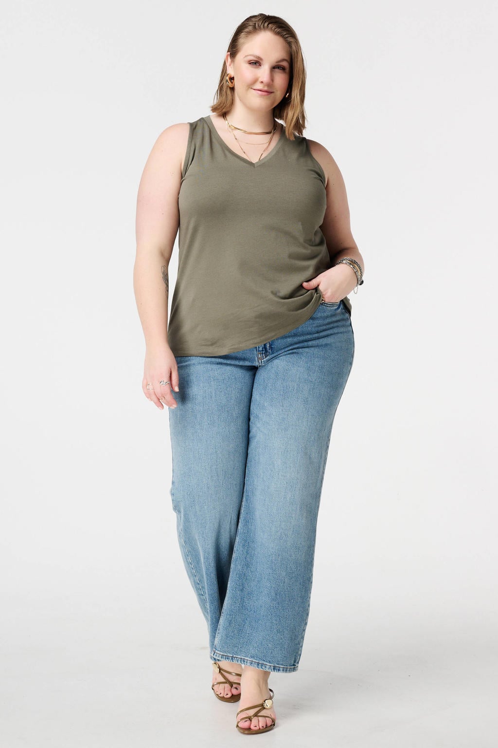 Kakikleurige dames MS Mode top met effen en V-hals