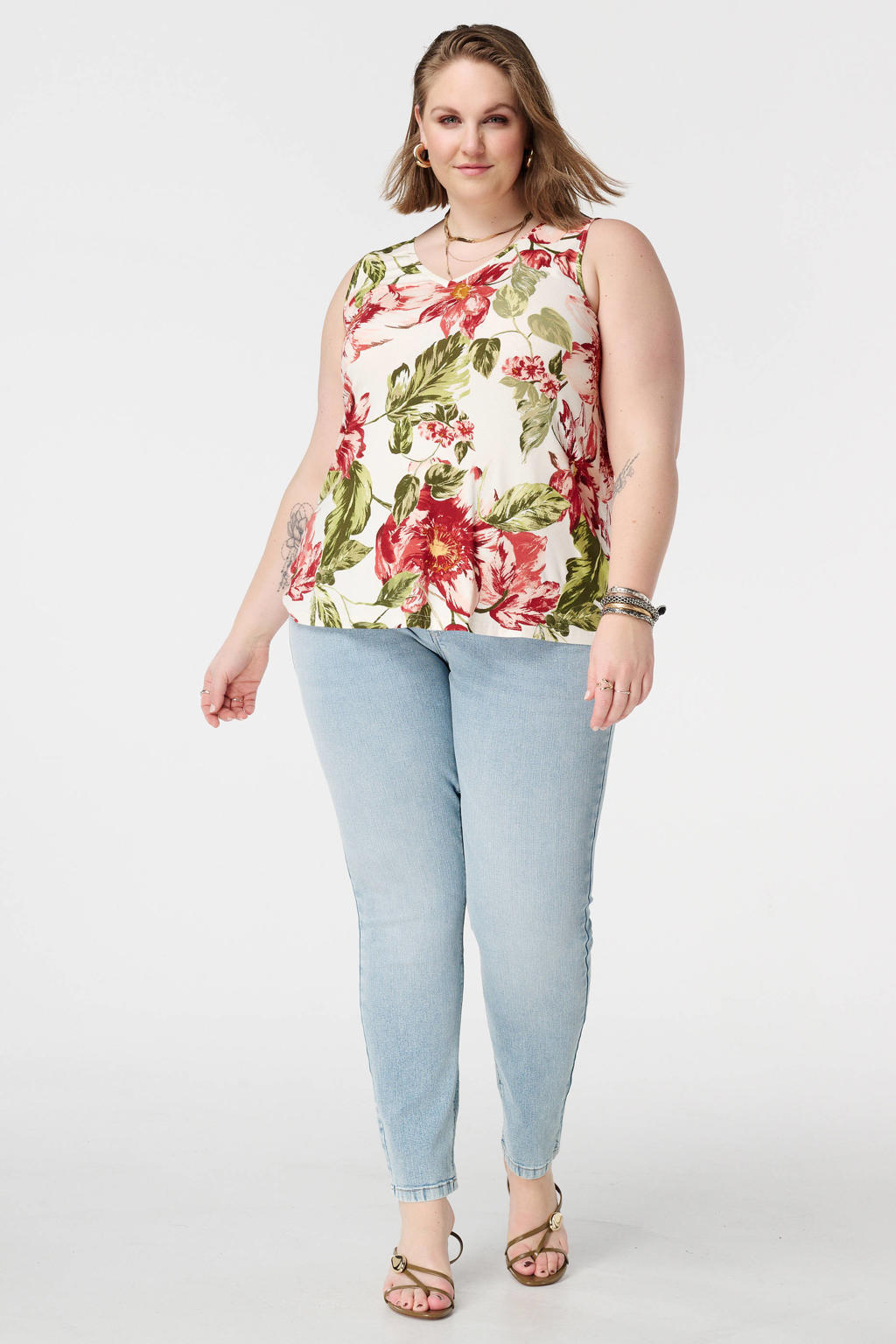 Ecru, rood en groene dames MS Mode gebloemde top van viscose met V-hals