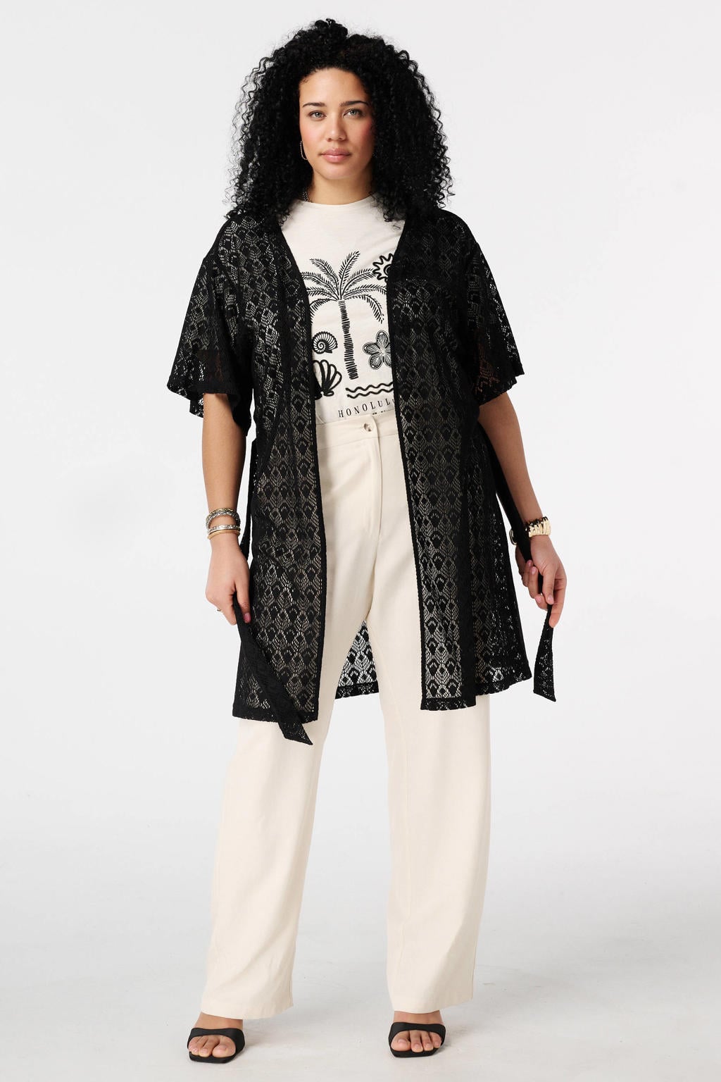 Zwarte dames MS Mode kimono crochet van polyester met effen, driekwart mouwen, klassieke kraag en ceintuur