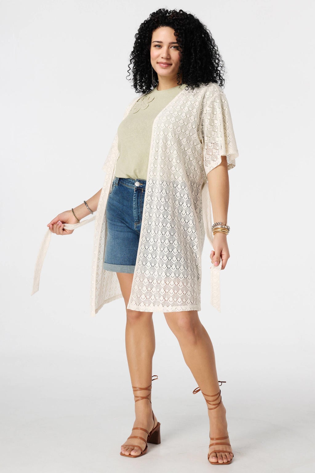 Ecru dames MS Mode kimono crochet van polyester met effen, driekwart mouwen, klassieke kraag en ceintuur
