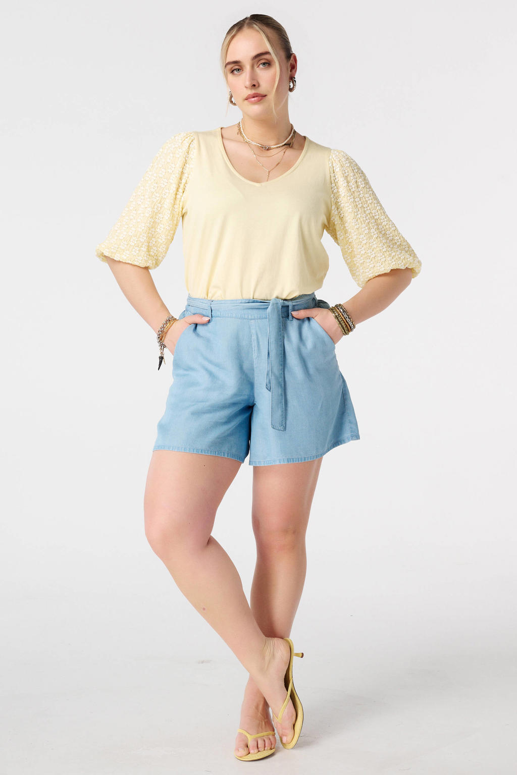 Light blue denim dames MS Mode wide leg regular waist casual short van lyocell met effen