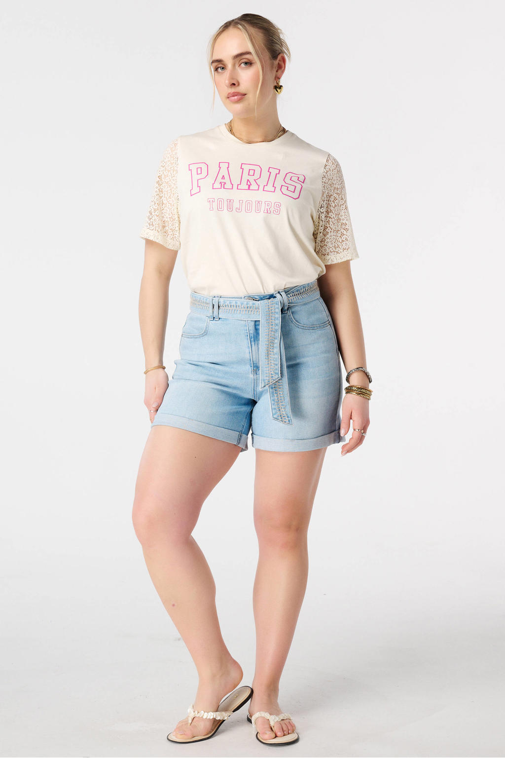 Light blue denim dames MS Mode regular waist short van denim met rits- en knoopsluiting