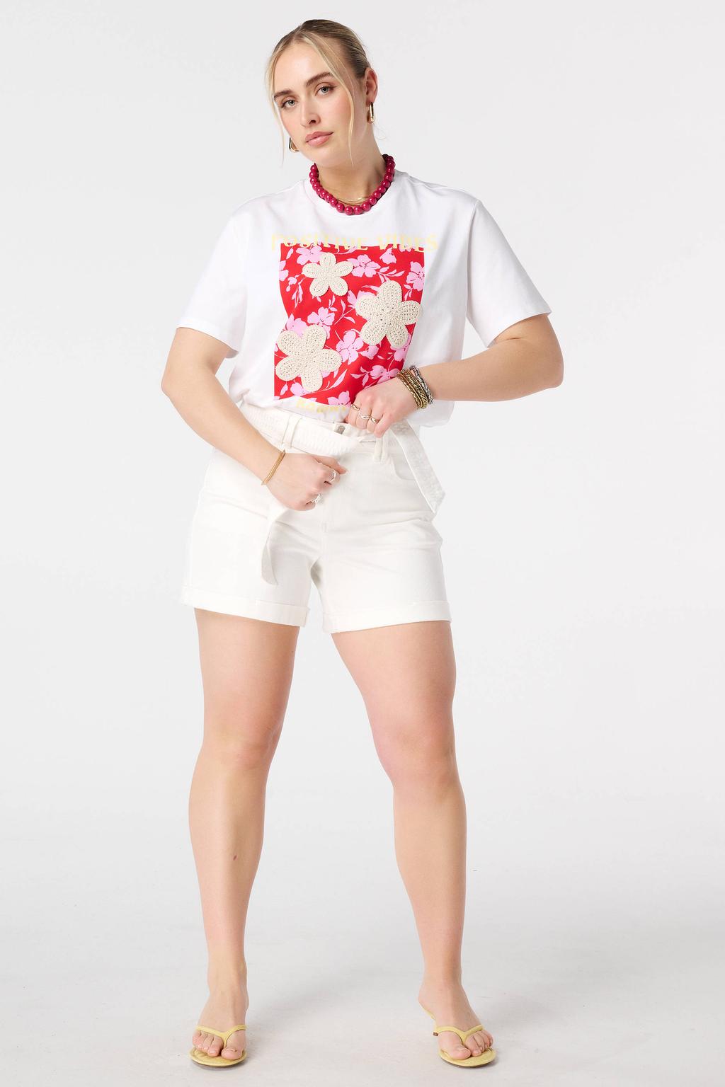 Ecru dames MS Mode regular waist short van denim met rits- en knoopsluiting