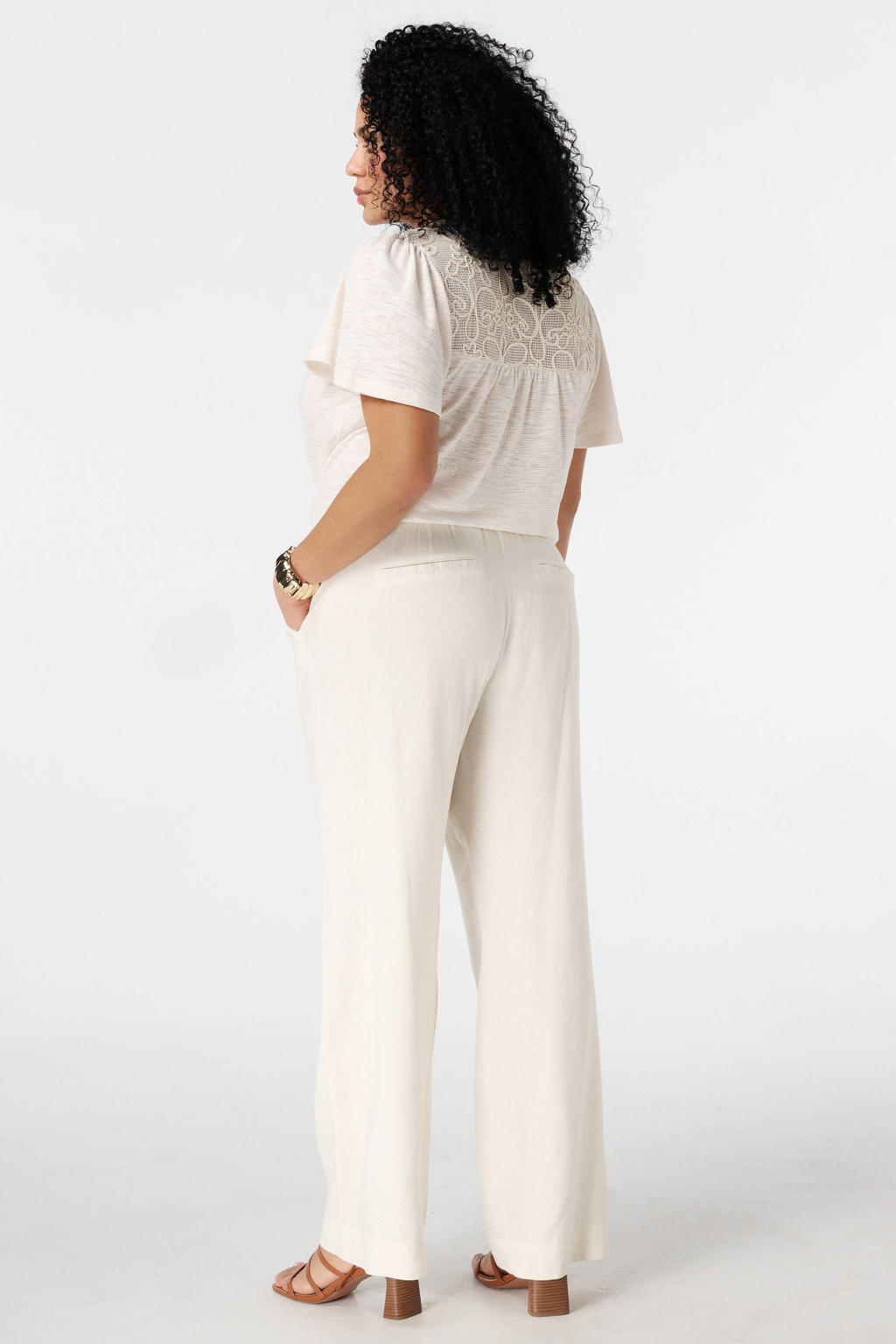 Ecru dames MS Mode wide leg high waist broek van linnen met elastische tailleband met koord en effen