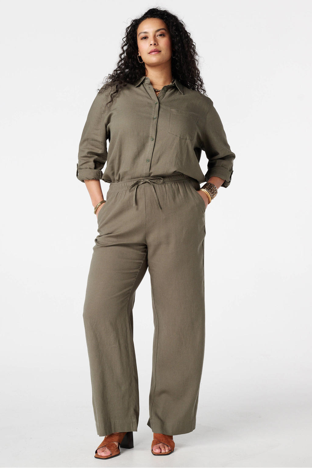 Kakikleurige dames MS Mode wide leg high waist broek van linnen met elastische tailleband met koord en effen
