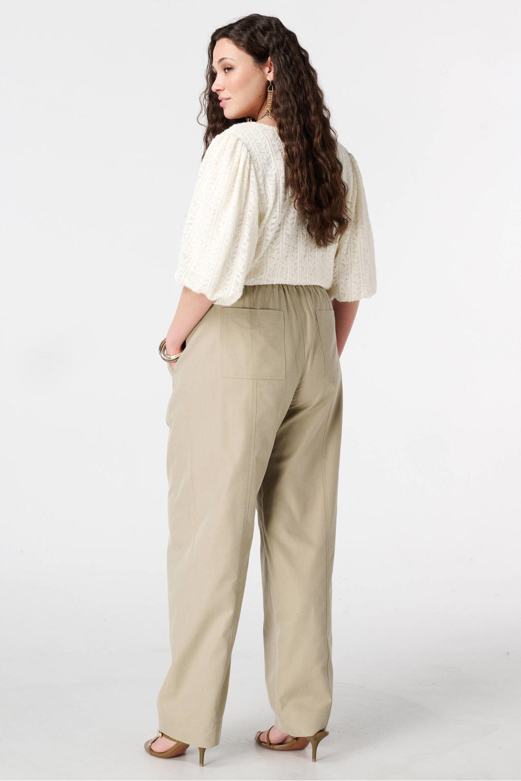 Lichtgroene dames MS Mode slim regular waist cargobroek van katoen met elastische tailleband met koord en effen