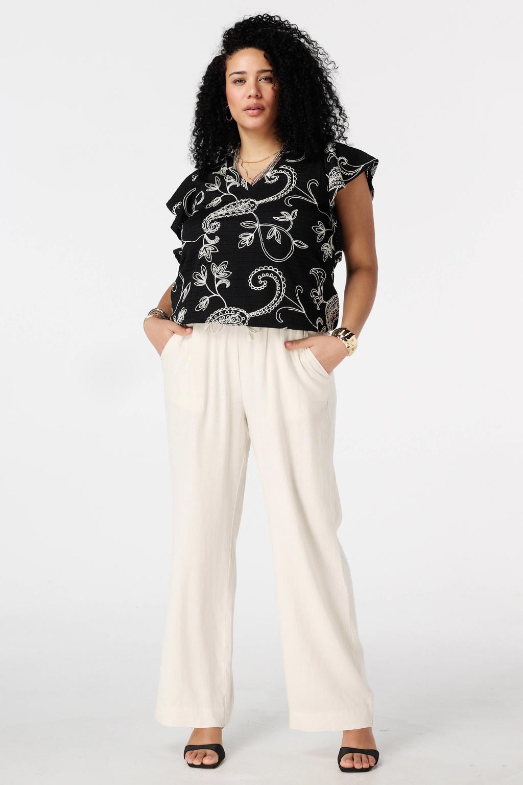 Zwart en ecru dames MS Mode top van polyester met V-hals