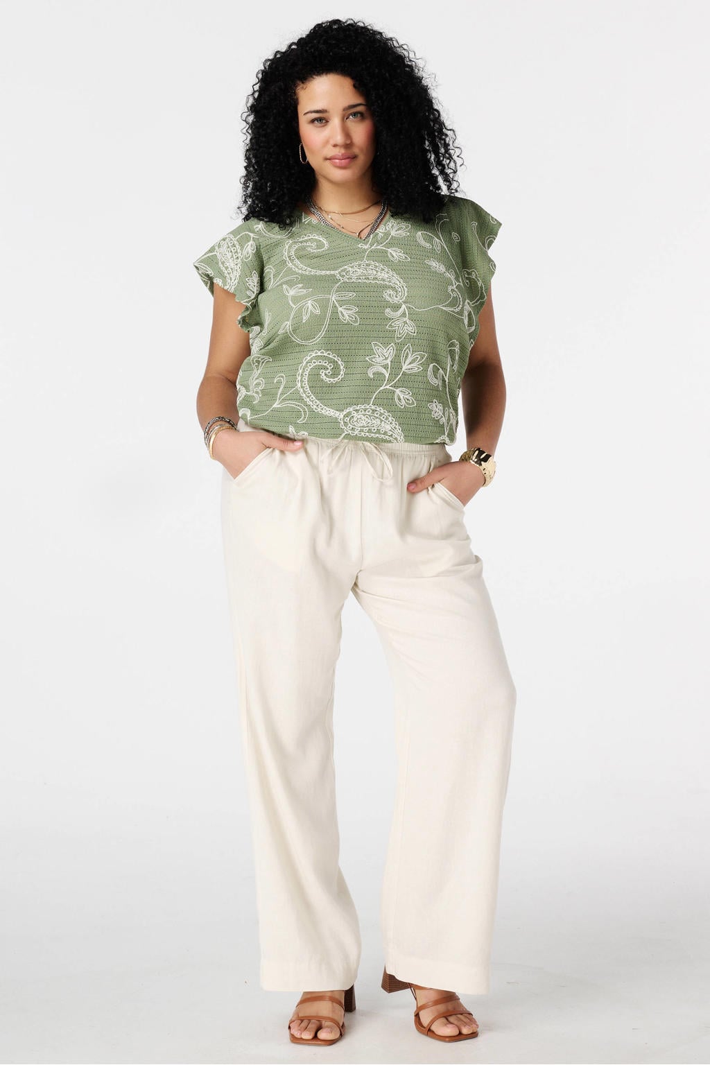 Groen en ecru dames MS Mode top van polyester met V-hals