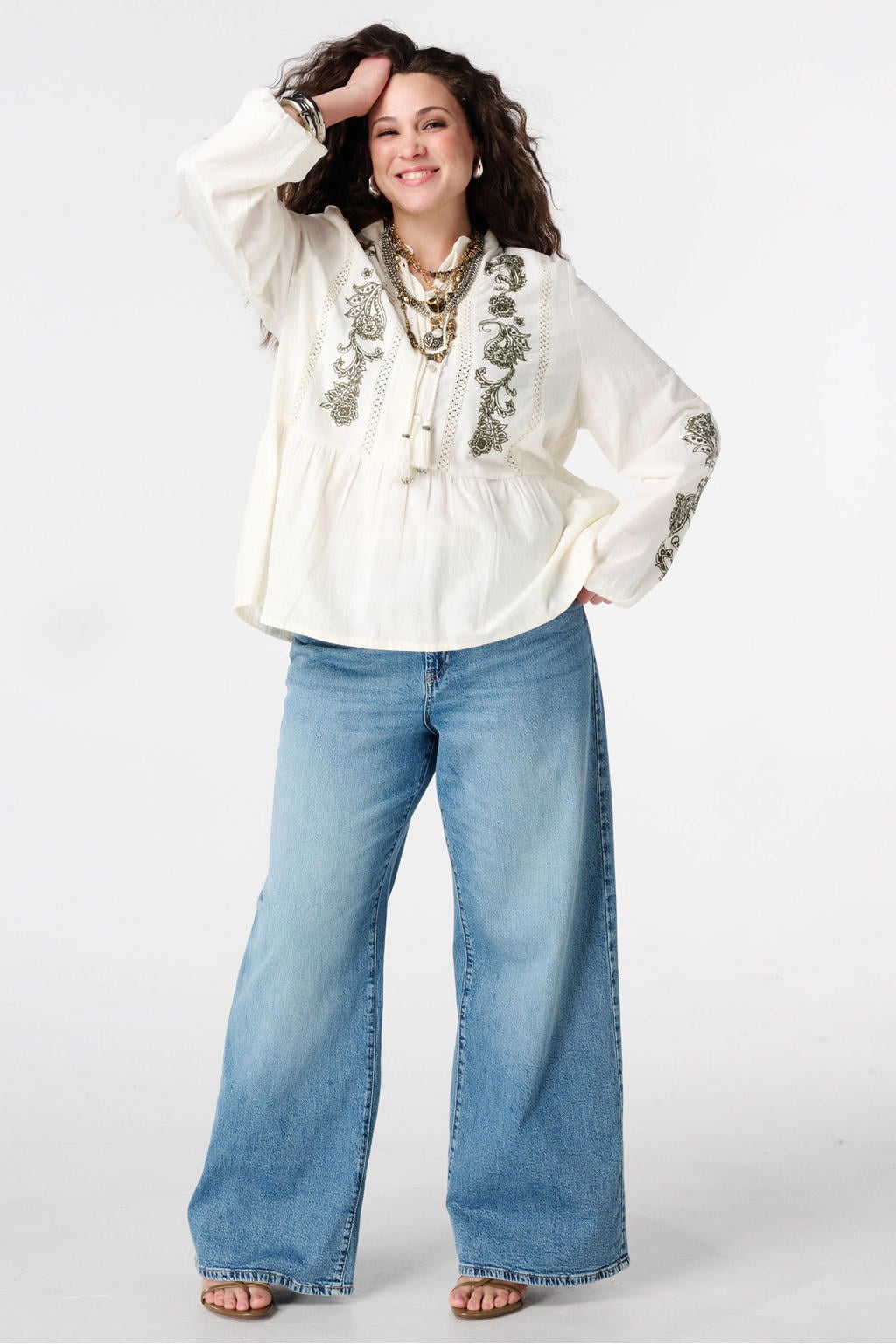 Ecru dames MS Mode blouse van katoen met effen, lange mouwen, opstaande kraag, knoopsluiting en borduursels
