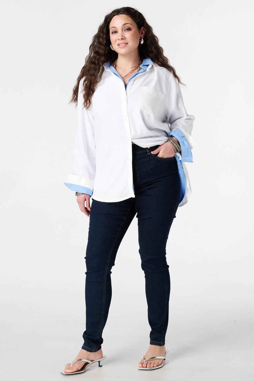 Witte dames MS Mode blouse van linnen met effen, lange mouwen, klassieke kraag en knoopsluiting