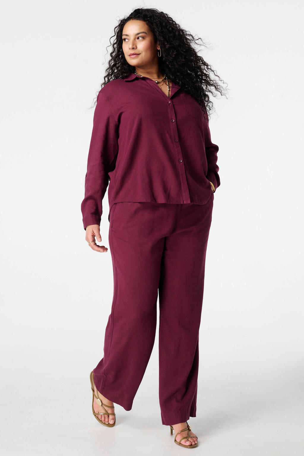 Donkerrode dames MS Mode blouse van linnen met effen, lange mouwen, klassieke kraag en knoopsluiting