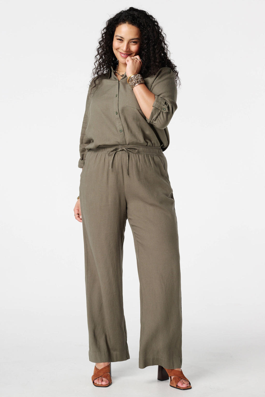 Lichtkaki dames MS Mode blouse van linnen met effen, lange mouwen, klassieke kraag en knoopsluiting