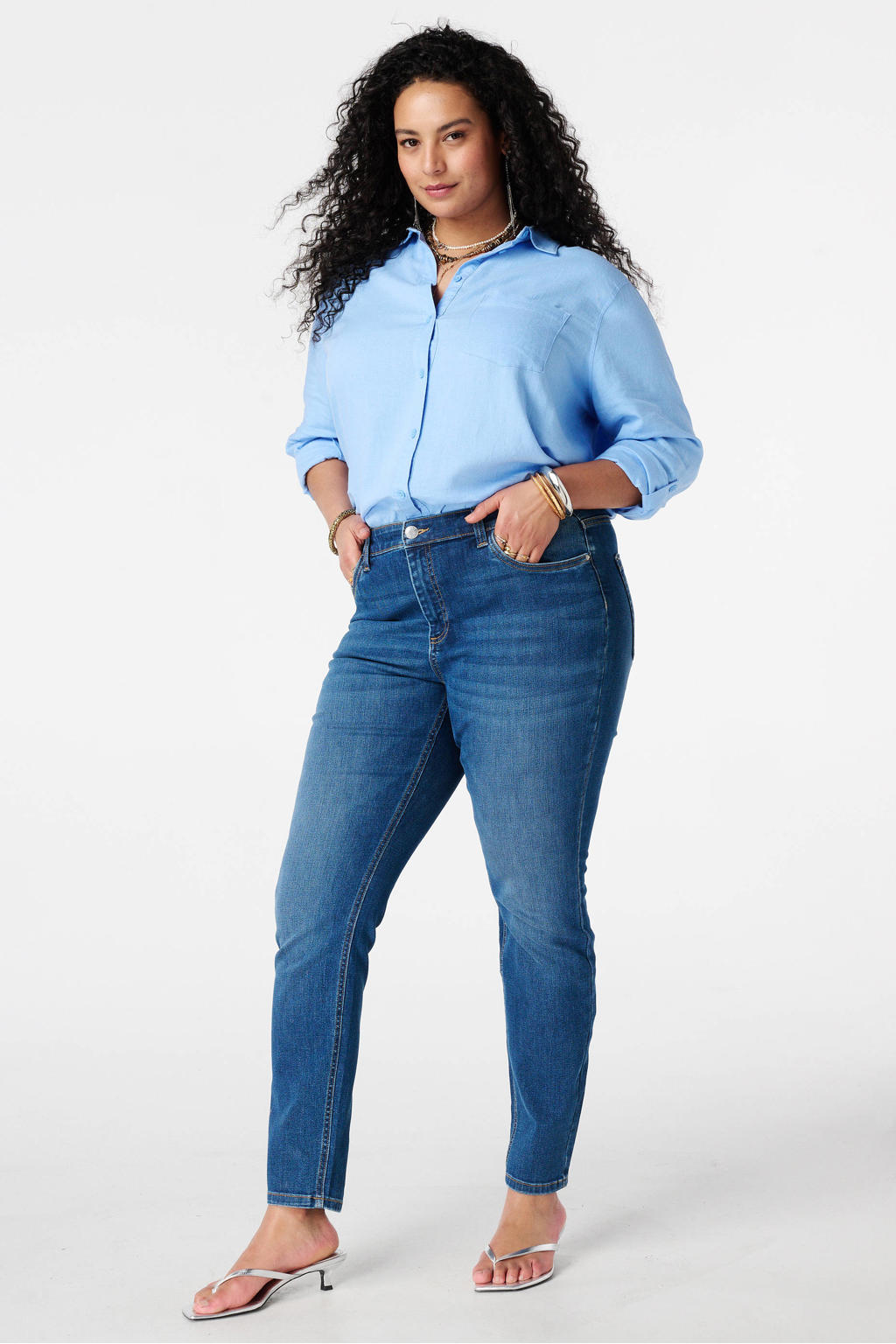 Lichtblauwe dames MS Mode blouse van linnen met effen, lange mouwen, klassieke kraag en knoopsluiting