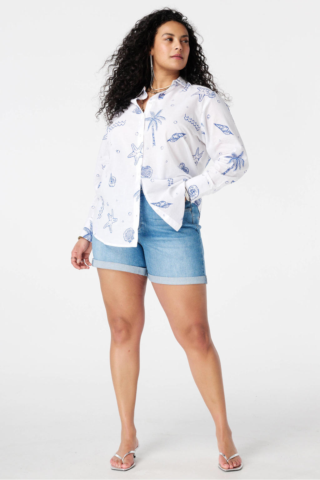Ecru en blauwe dames MS Mode blouse van katoen met lange mouwen, klassieke kraag en knoopsluiting