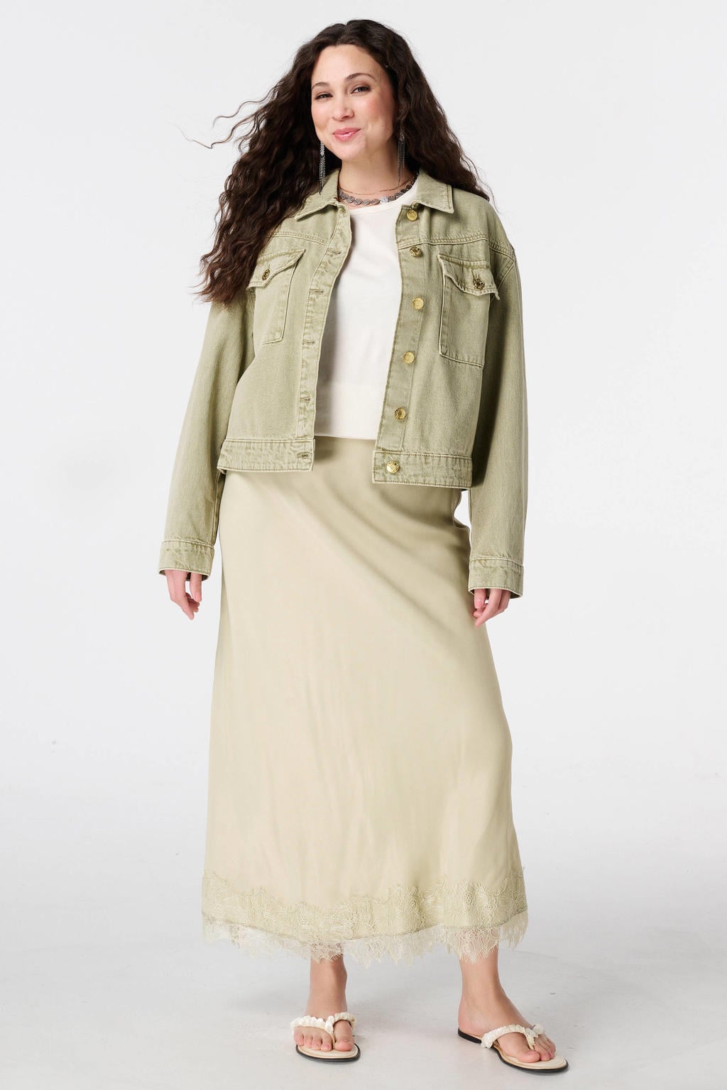 Groene dames MS Mode spijkerjas van denim met effen, lange mouwen en klassieke kraag