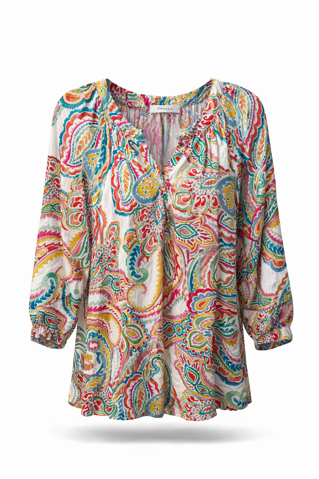 Multikleurige dames Paprika top print van viscose met paisley print, driekwart mouwen en V-hals