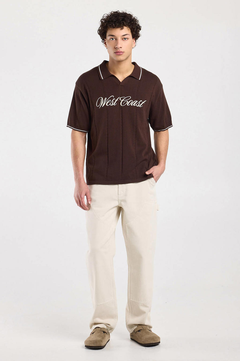Donkerrode heren America Today relaxed polo gebreid van katoen met printopdruk en korte mouwen