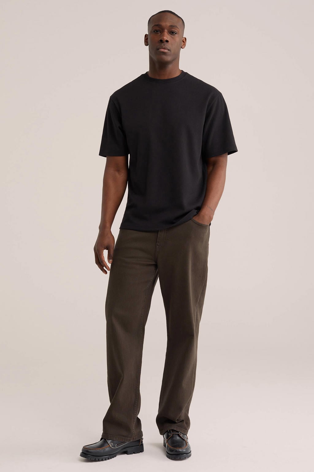 Zwarte heren WE Fashion boxy T-shirt van polyester met effen, korte mouwen en ronde hals
