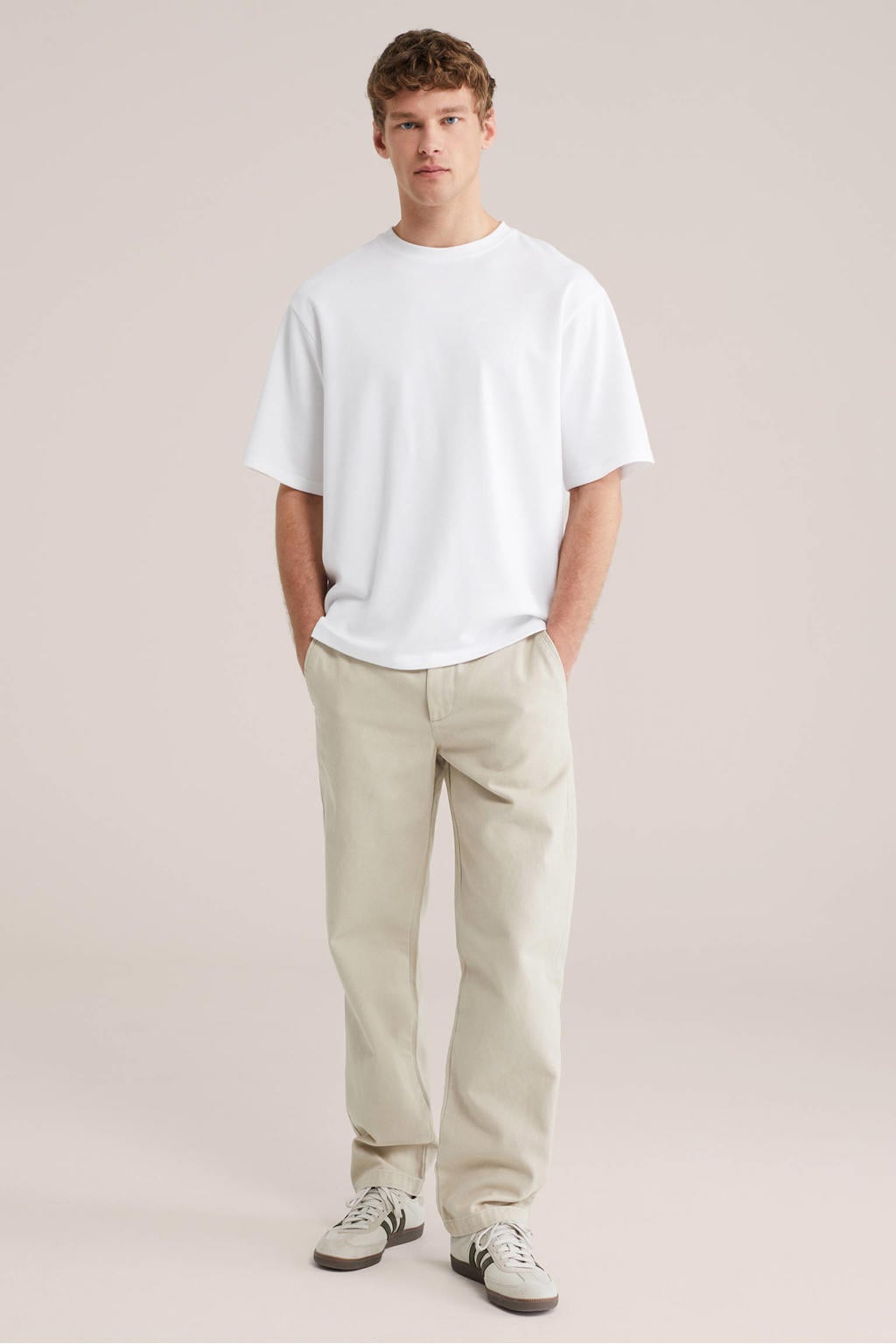 Witte heren WE Fashion boxy T-shirt van polyester met effen, korte mouwen en ronde hals