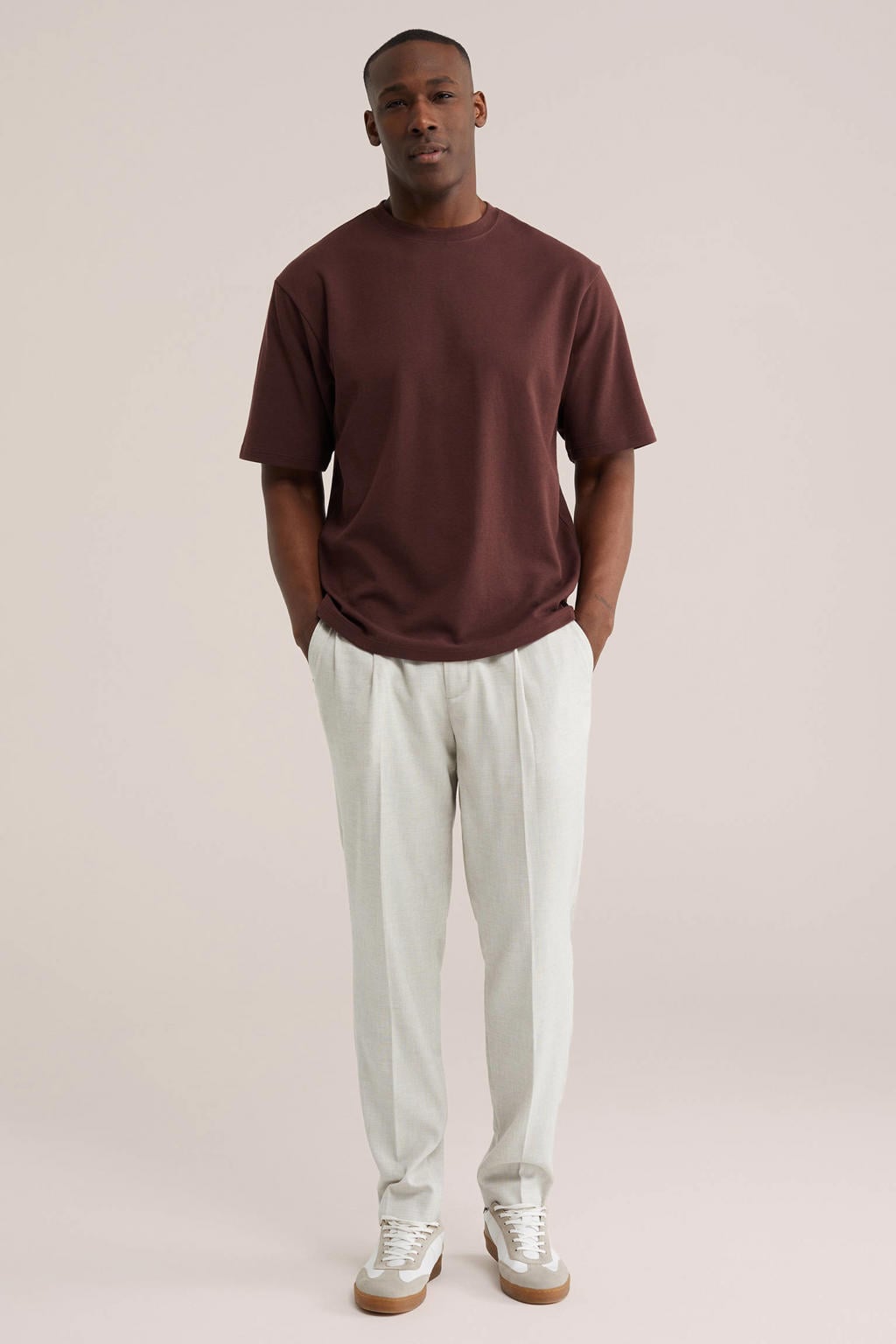Donkerrode heren WE Fashion boxy T-shirt van polyester met effen, korte mouwen en ronde hals