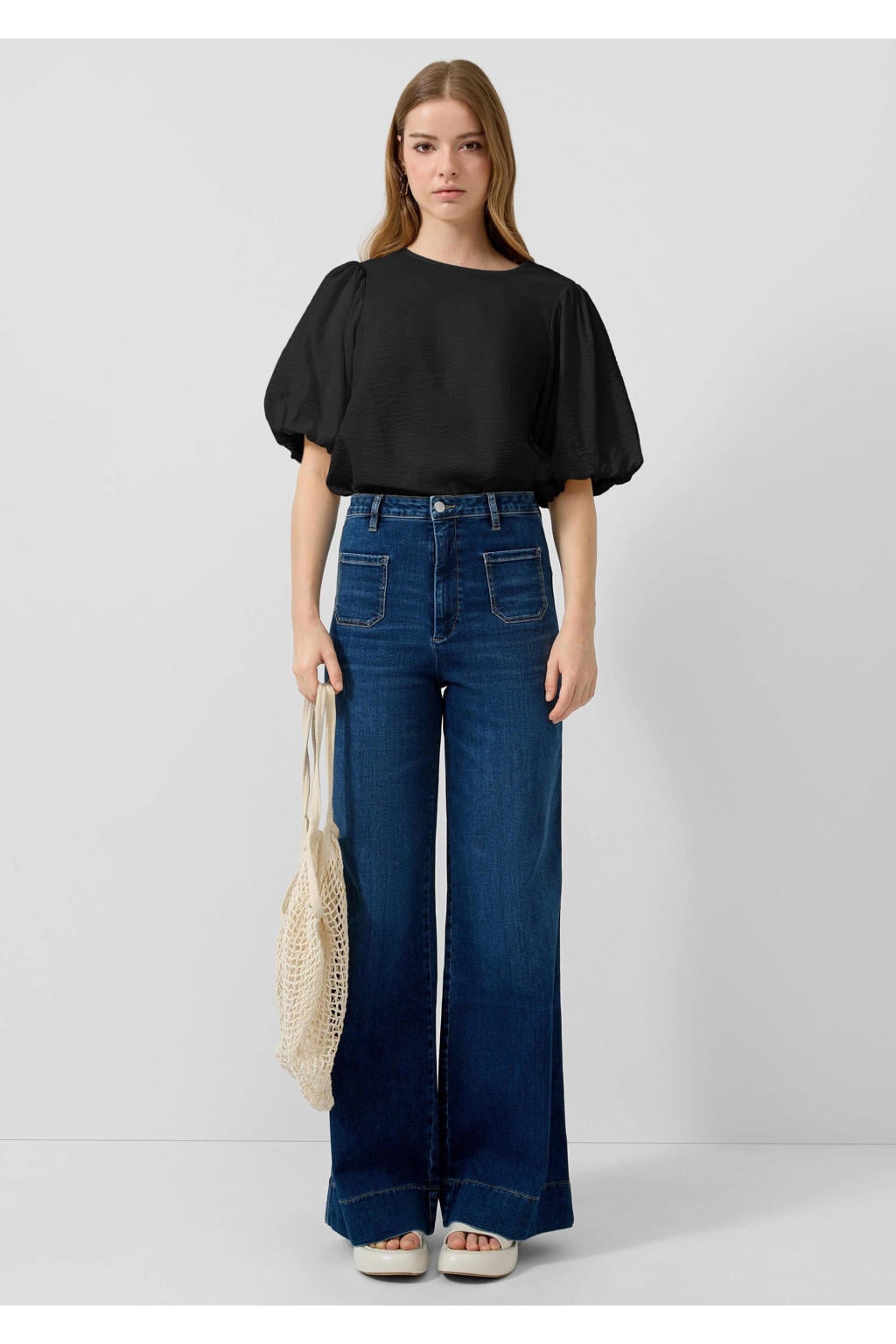Zwarte dames QS top van viscose met effen, half lange mouwen, ronde hals en strikje