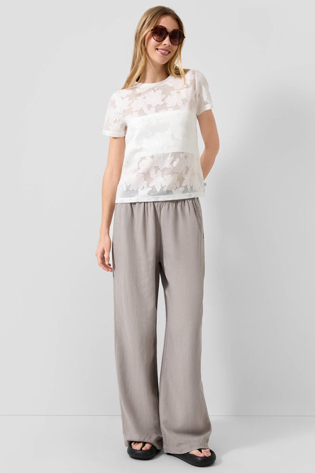 Grijze dames QS wide leg regular waist casual broek van linnen met elastische tailleband met koord en effen