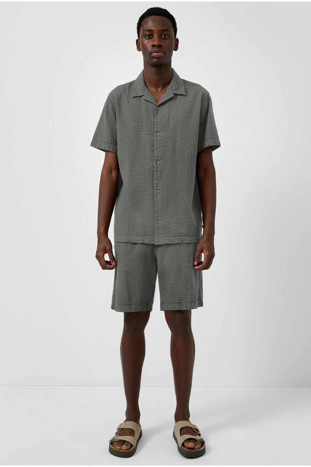Grijze heren QS relaxed casual overhemd van katoen met effen, korte mouwen, reverskraag en knoopsluiting