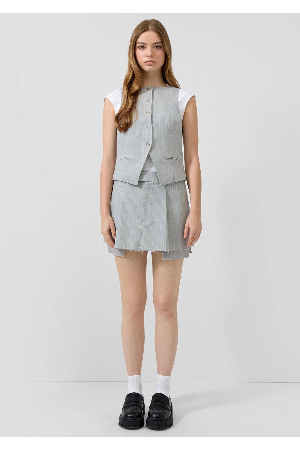Grijze dames QS gilet van polyester met krijtstreepprint, ronde hals en knoopsluiting
