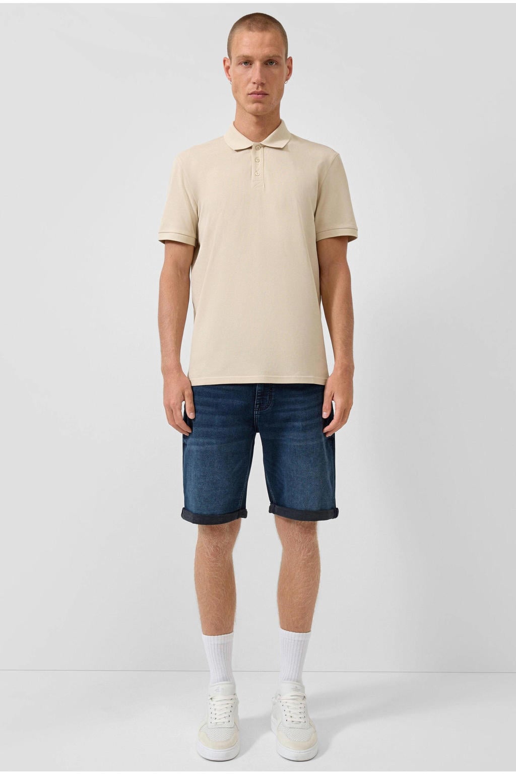 Beige heren QS regular polo van katoen met effen, korte mouwen en knoopsluiting