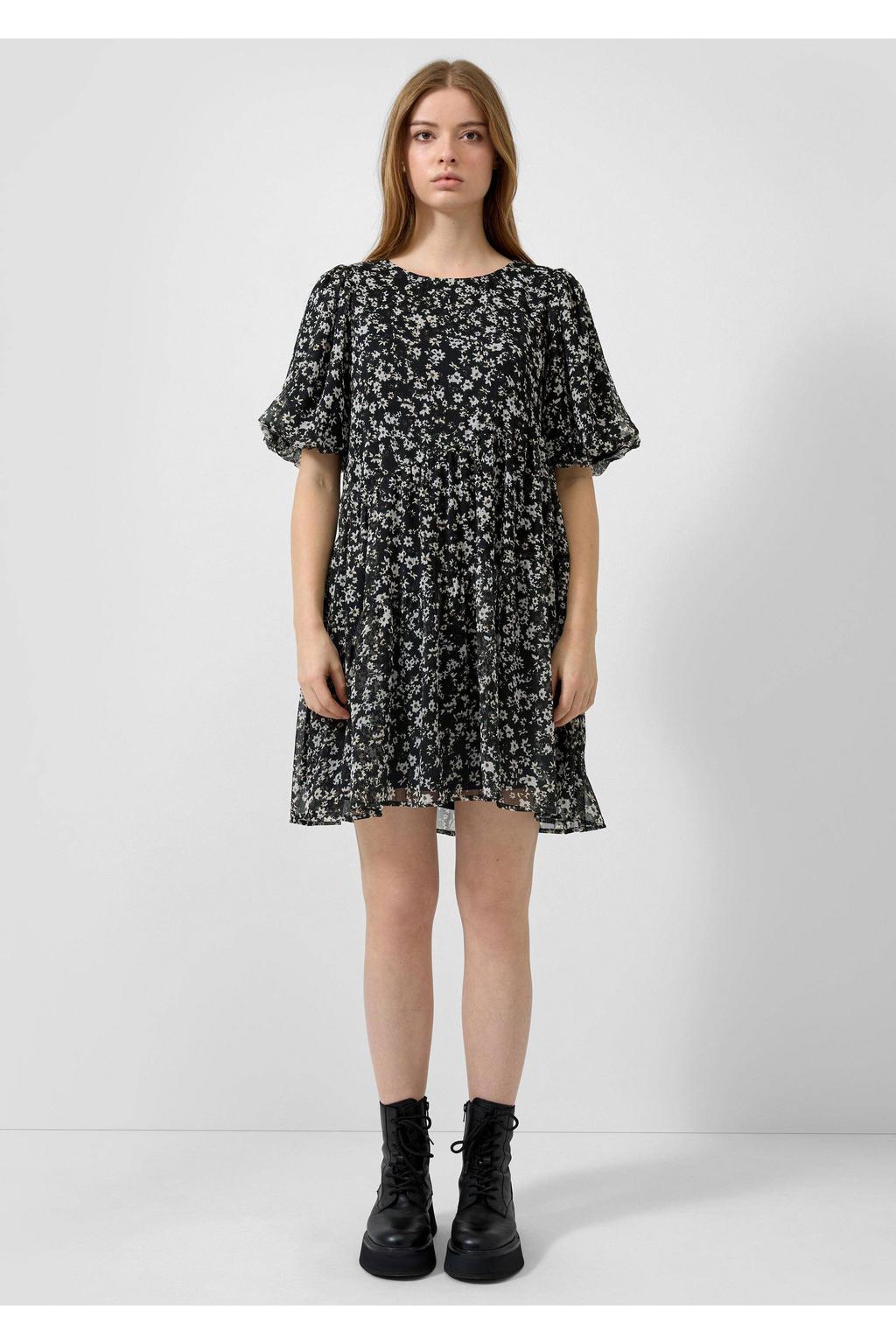 Zwart en ecru dames QS gebloemde korte jurk van polyester met korte mouwen en ronde hals
