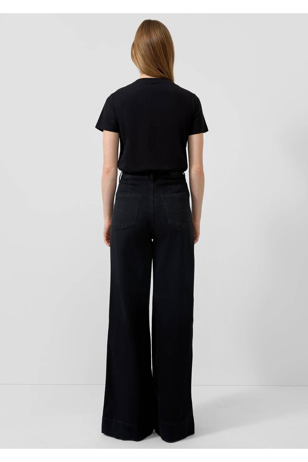 Zwarte dames QS T-shirt van katoen met printopdruk, korte mouwen en ronde hals