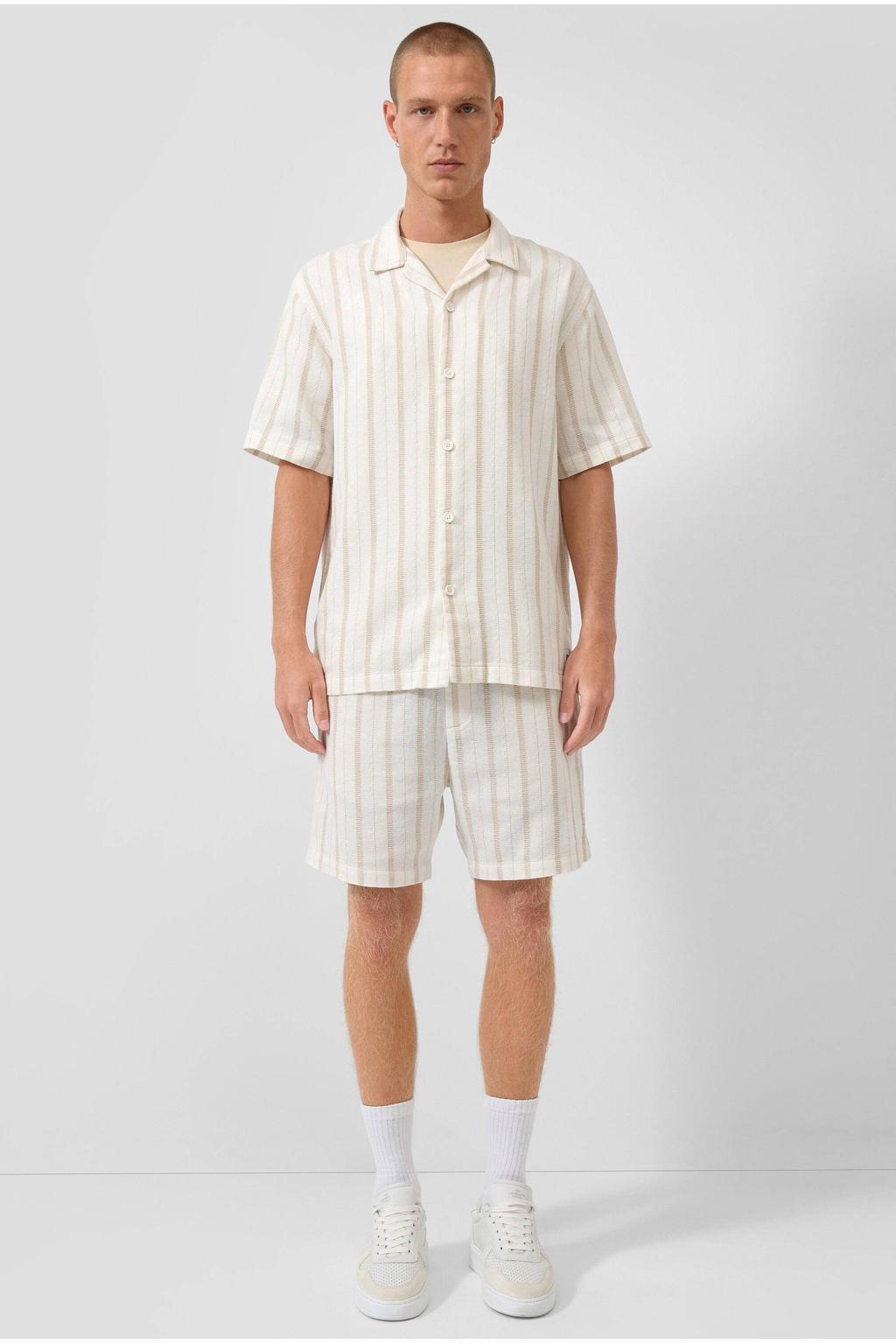 Beige heren QS relaxed gestreept casual overhemd van katoen met korte mouwen, reverskraag en knoopsluiting