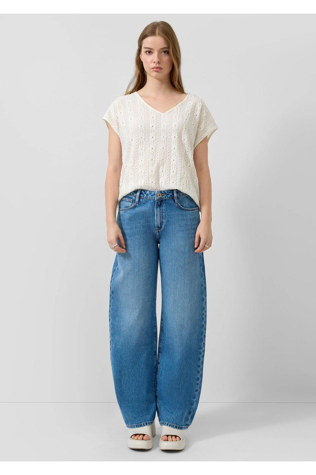 Ecru dames QS top broderie van polyester met effen, korte mouwen en V-hals