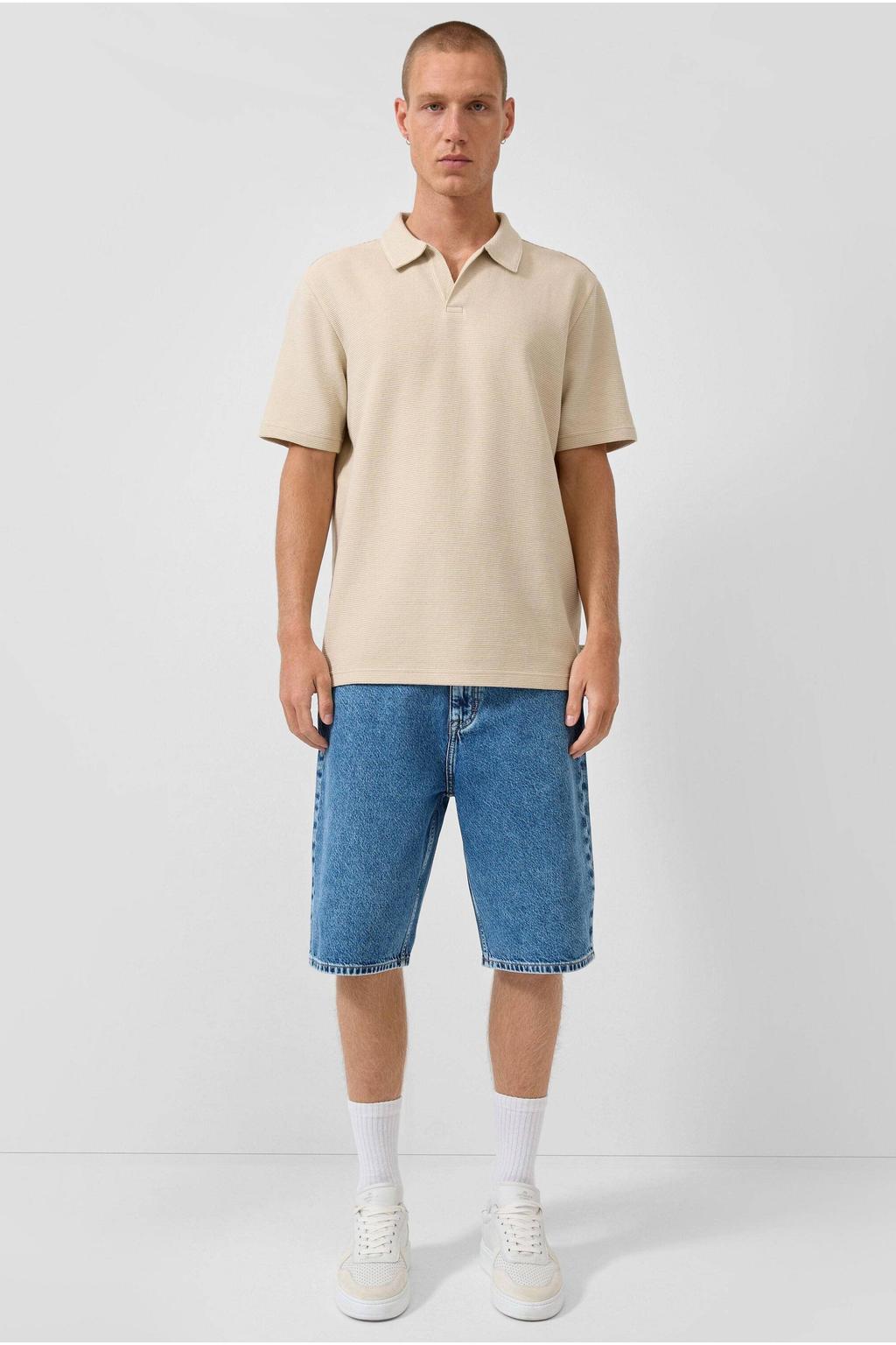 Beige heren QS regular polo van katoen met effen, korte mouwen, klassieke kraag en geribde boorden