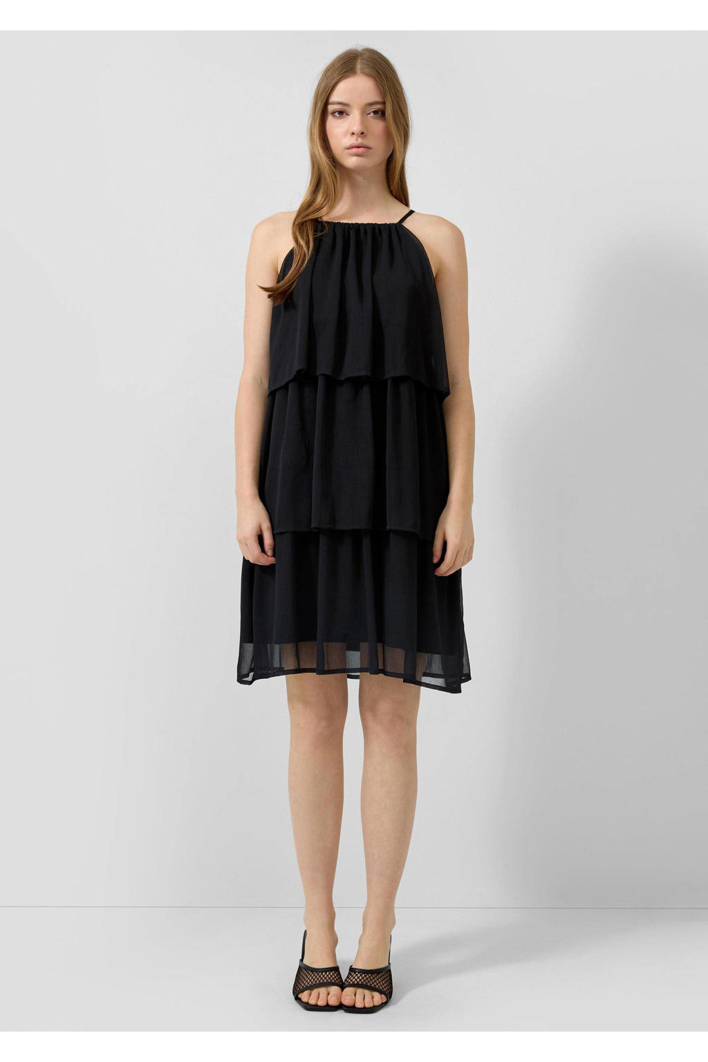 Zwarte dames QS korte jurk van polyester met effen, spaghettibandjes, vierkante hals, striksluiting en semi-transparante details
