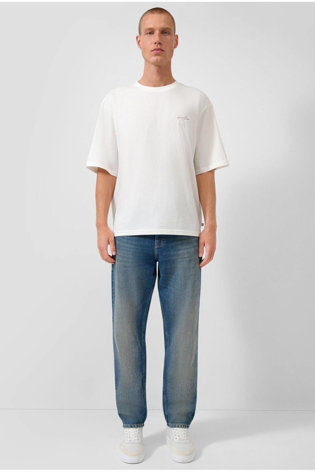 Ecru heren s.Oliver T-shirt van katoen met backprint, korte mouwen en ronde hals