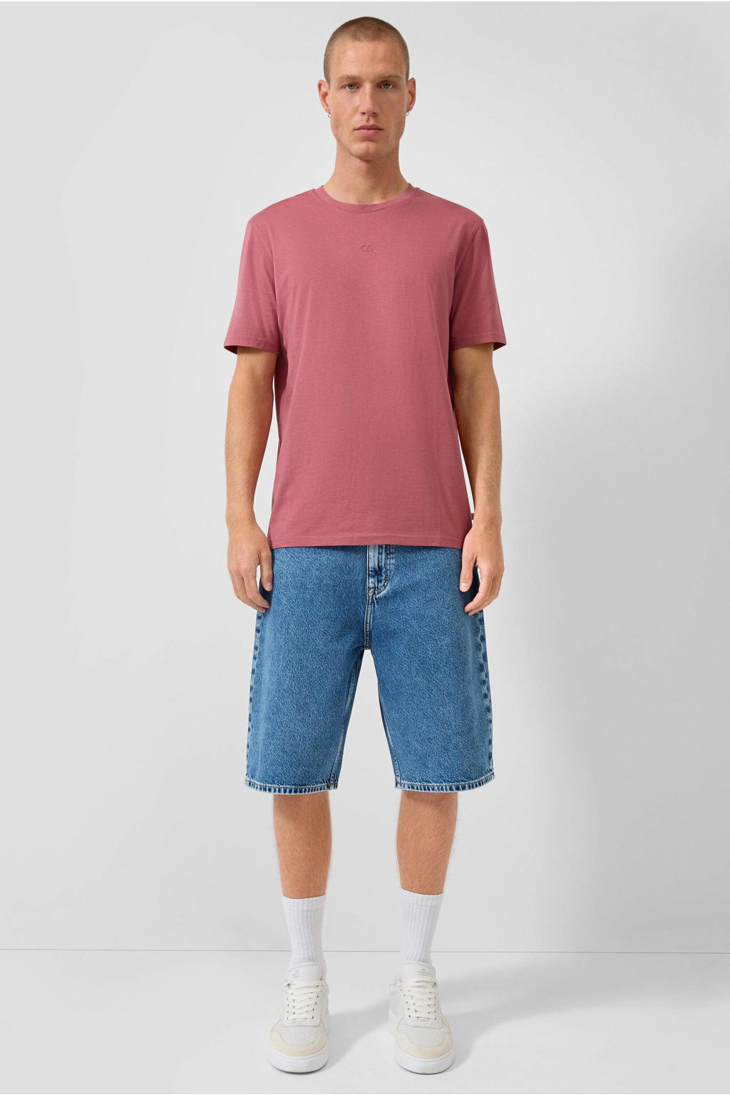 Roze heren QS regular T-shirt van katoen met effen, korte mouwen en ronde hals